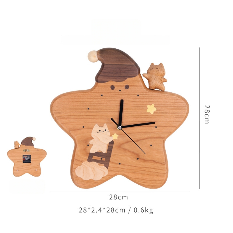 Стилен стенен часовник с дървен циферблат, захранван с батерии, плавен ход на секундата, стил карикатура, едностранен, подходящ за хол