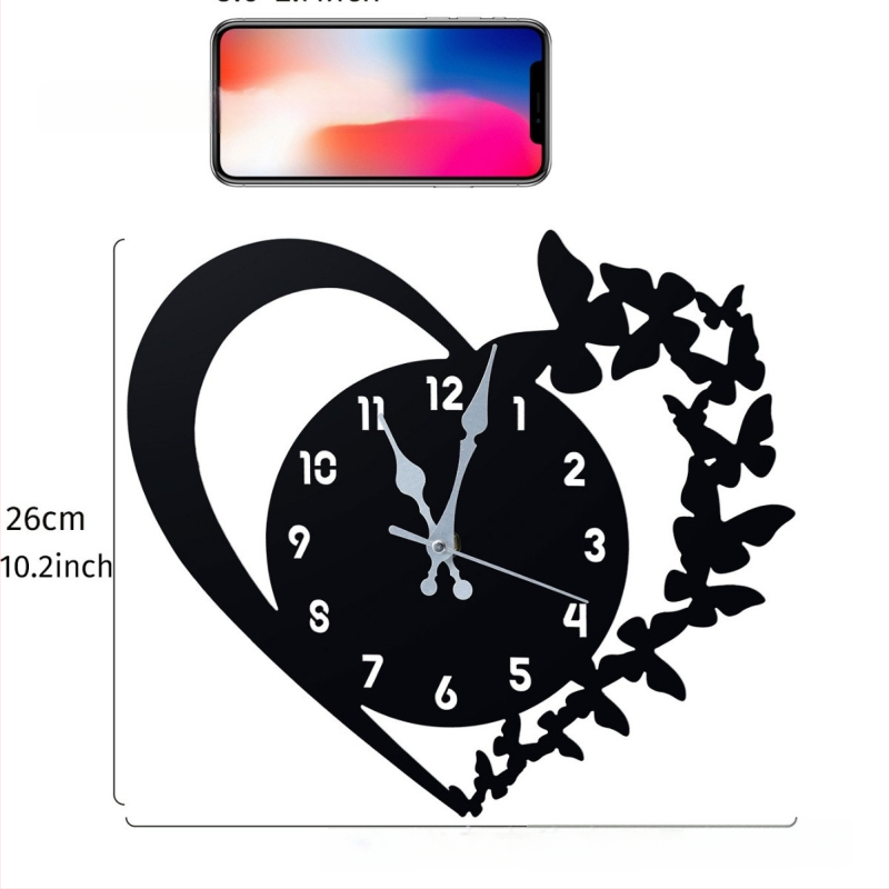Стенен часовник със сърцевидна форма и черна пеперуда, акрил, модерен дизайн, сканиращи секунди