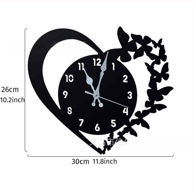 Стенен часовник със сърцевидна форма и черна пеперуда, акрил, модерен дизайн, сканиращи секунди