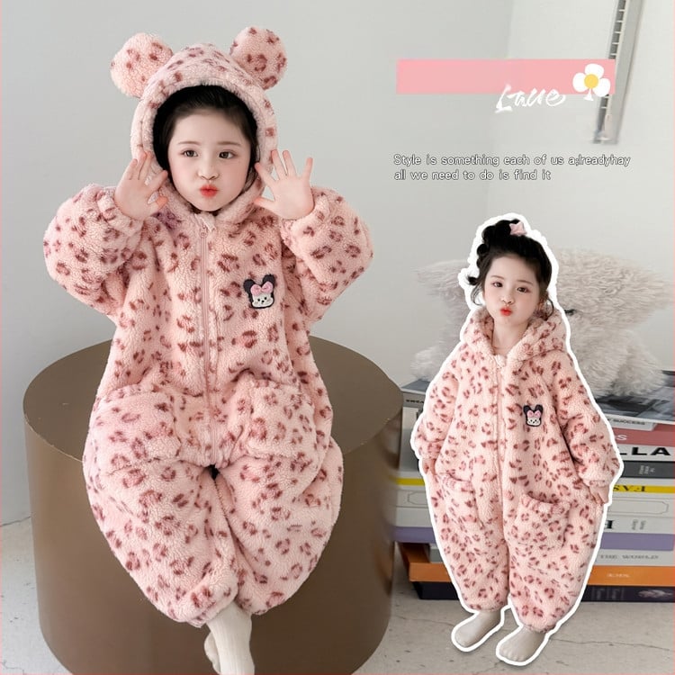 Детска зимна пижама с вграден спален чувал за момичета, плътна фланела, 60% полиестер, корейски стил, за 3–8 години