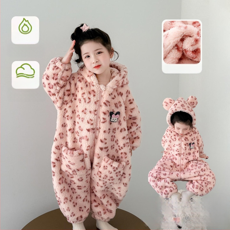 Детска зимна пижама с вграден спален чувал за момичета, плътна фланела, 60% полиестер, корейски стил, за 3–8 години