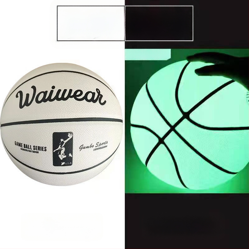 PU basketbalová lopta so svetlou fluoreskenciou a reflexnou úpravou, s jemnou koženou textúrou — pre dospelých a študentov