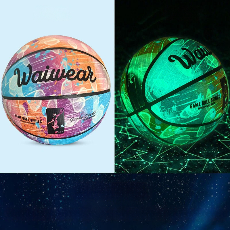 PU basketbalová lopta so svetlou fluoreskenciou a reflexnou úpravou, s jemnou koženou textúrou — pre dospelých a študentov