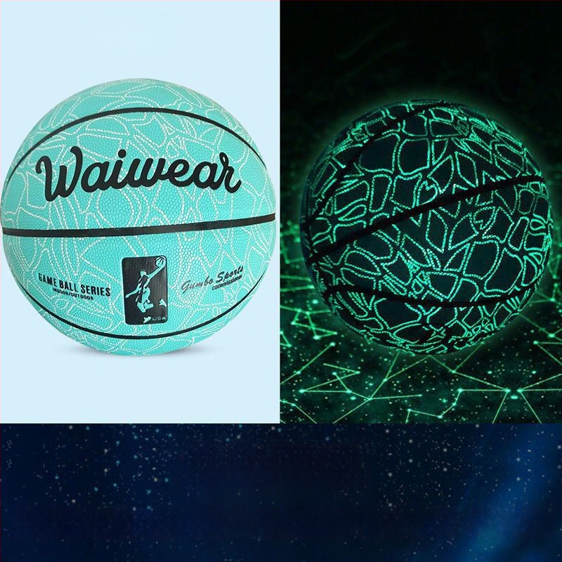 PU basketbalová lopta so svetlou fluoreskenciou a reflexnou úpravou, s jemnou koženou textúrou — pre dospelých a študentov