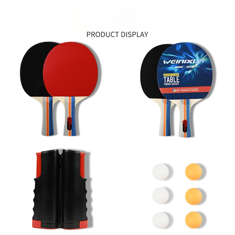 Set stolného tenisu – 4 rakety a 6 loptičiek, sieťka s prenášacím obalom – Wilson, základná doska z poplar dreva, antiadhézová guma, horizontálna raketa, tlač loga k dispozícii