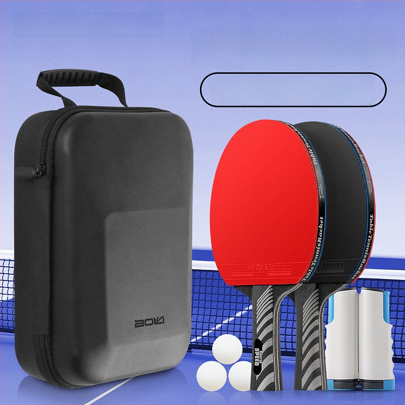 Set stolného tenisu so dve rakety a tri loptičky, tvrdé kožené vrecko, sedemvrstvové masívne drevené čepele, vodorovný úchop