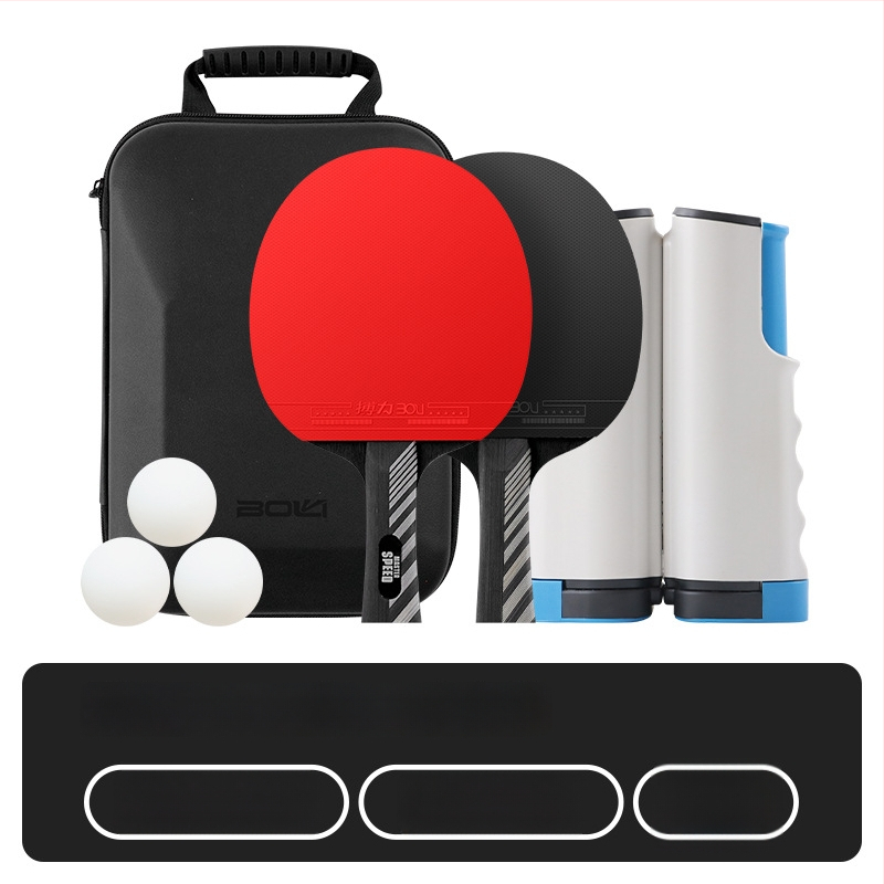 Set stolného tenisu so dve rakety a tri loptičky, tvrdé kožené vrecko, sedemvrstvové masívne drevené čepele, vodorovný úchop