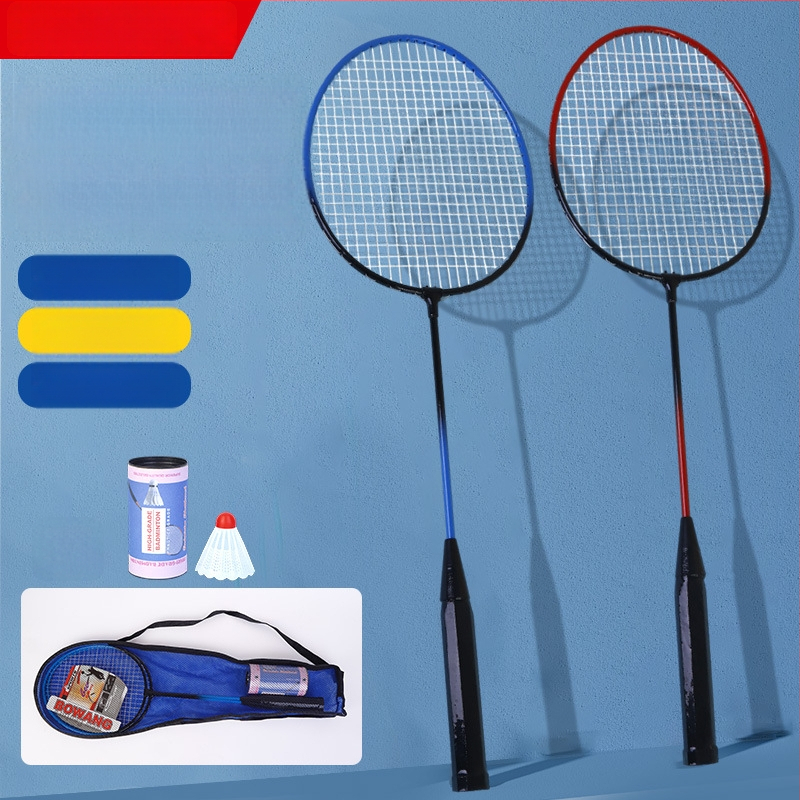 Set badmintonových rakiet, dvojitý set, rám zo železného zliatiny, hmotnosť 95–100 g, typ rakety: priamy úder, s letkou