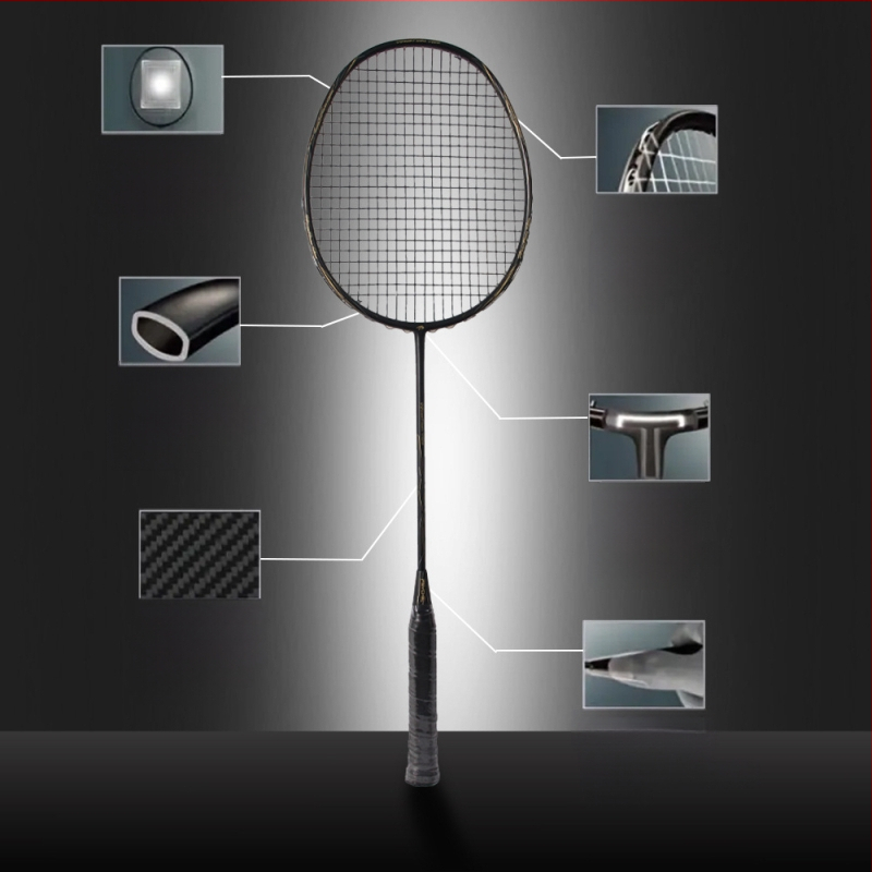 Bedmintonová raketa s rámom z karbónových vlákien, hmotnosť 85–89 g, úchyt G4, priamy úder, tuhosť tyče stredná