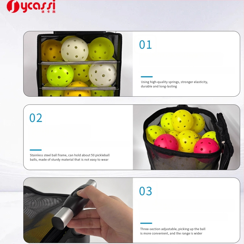 Zbierač loptičiek pre pickleball a tenis s veľkou kapacitou, spodným tlačným dizajnom a úložnou taškou