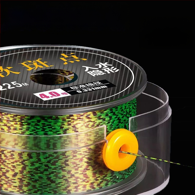 Основна риболовна линия — нейлонова, точкова шарка, мека, висока якост на опън (Тип: основна линия; Материал: нейлон; Шарка: точкова; Мека: да; Опън: висока)