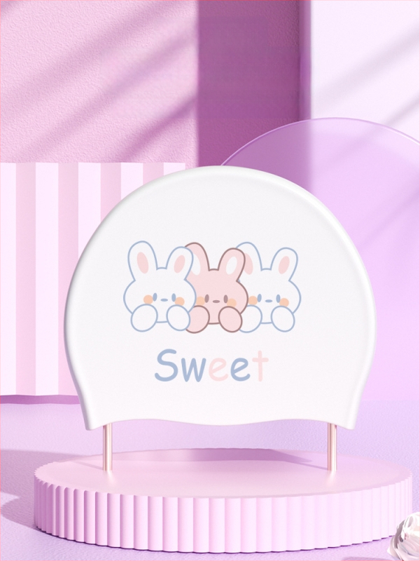 Шапка за плуване за жени – силиконова, водоустойчива, висока еластичност, за дълга коса, модел с карикатурен принт