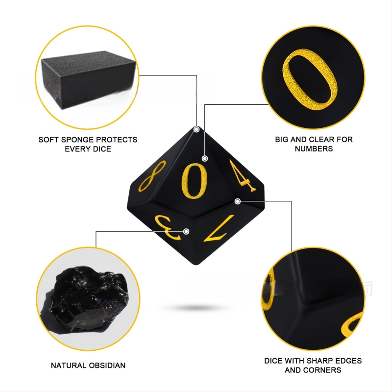 Обсидианови зарове от естествен камък, 7-частен комплект, правоъгълен стил, форма: друга, обработка и персонализация налични, за шах и карти