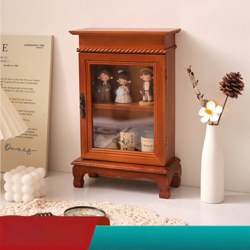 Дървен ретро настолен шкаф за съхранение и дисплей на козметика – прахозащитен, марка Wheat Ornament Life, 2023 г., лицензиран частен етикет
