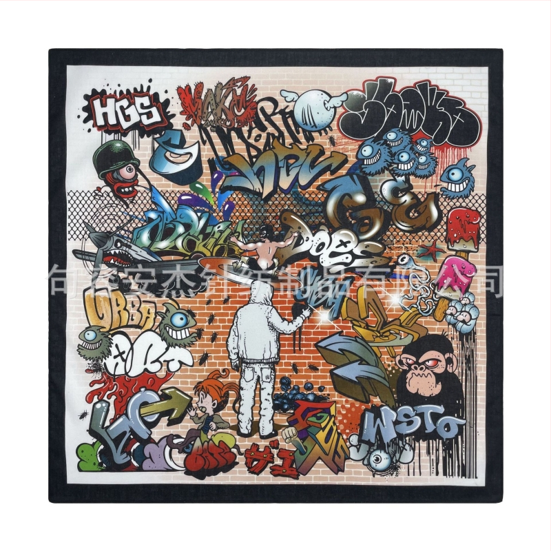 Τετράγωνο μαντήλι κεφαλής από 100% βαμβάκι με ψηφιακό εκτύπωμα graffiti, προσαρμοσμένο λογότυπο, υπαίθρια ποδηλασία