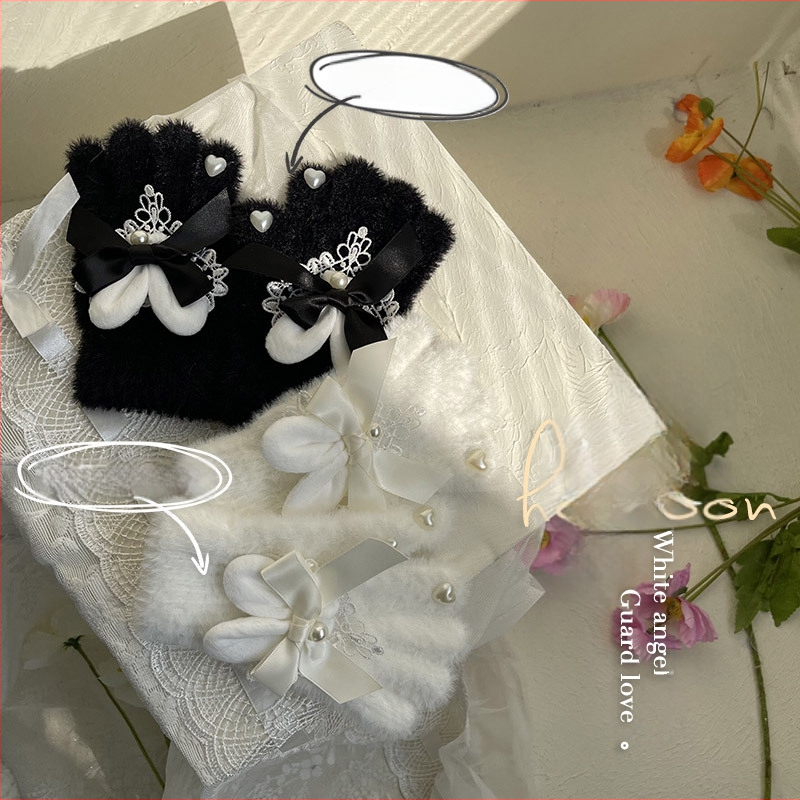Japanski stil, uši zečice, mašna s perlicama, čipka, srce od Rex zečjeg krzna, tople rukavice za djecu s pet prstiju, Lolita stil