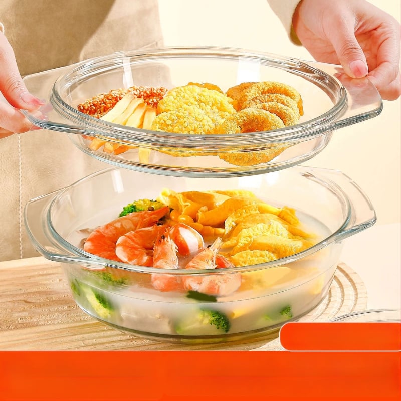 Mikrohullámú sütőhöz való üveg edény fedéllel, nagy méretű, kör alakú tál, gőzölt tojás, leves és tészta számára, hőálló