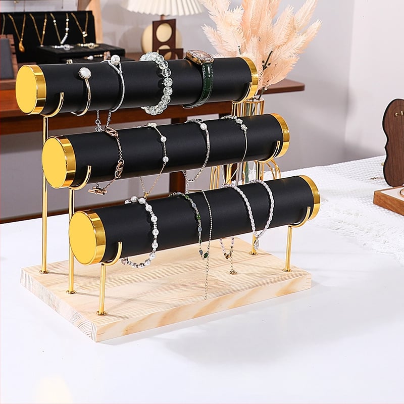 Триетажна дървена стойка за бижута за настолно експониране и съхранение на часовници и гривни