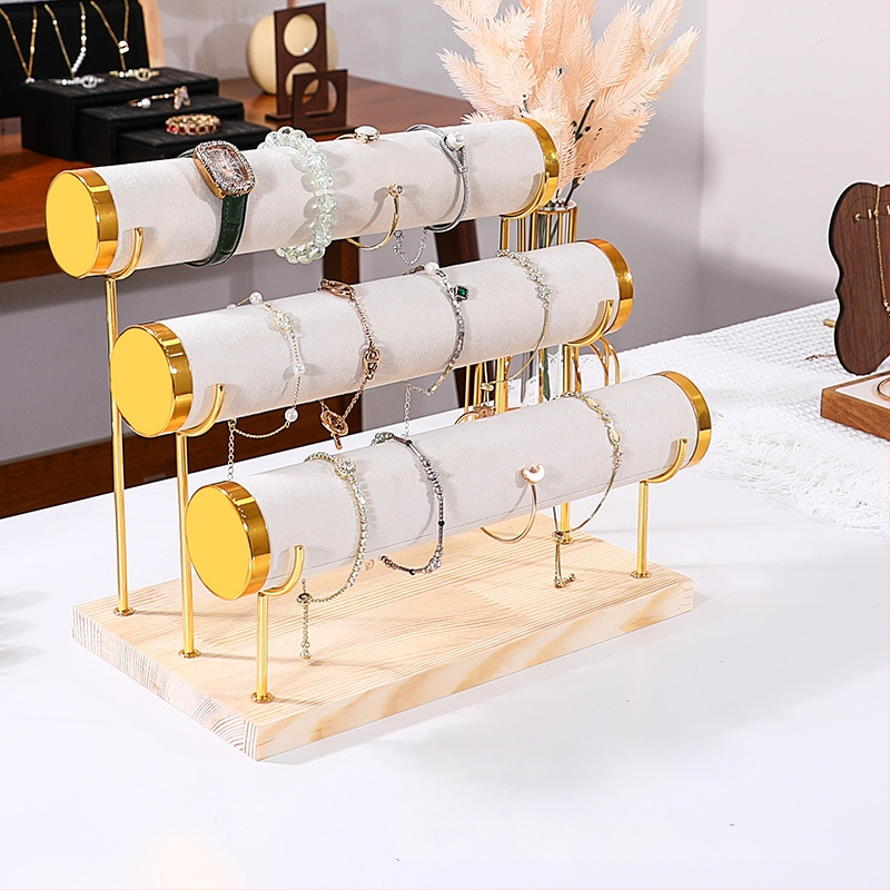 Триетажна дървена стойка за бижута за настолно експониране и съхранение на часовници и гривни