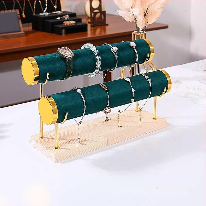Триетажна дървена стойка за бижута за настолно експониране и съхранение на часовници и гривни