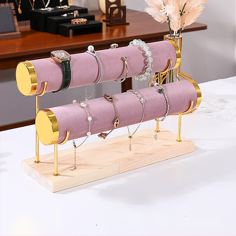 Триетажна дървена стойка за бижута за настолно експониране и съхранение на часовници и гривни