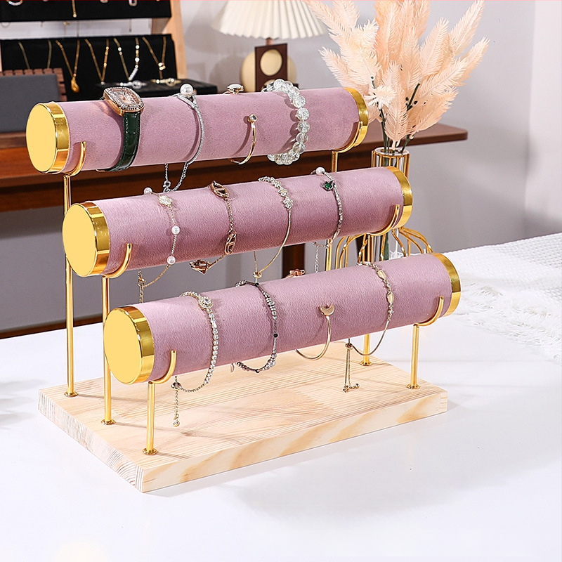 Триетажна дървена стойка за бижута за настолно експониране и съхранение на часовници и гривни