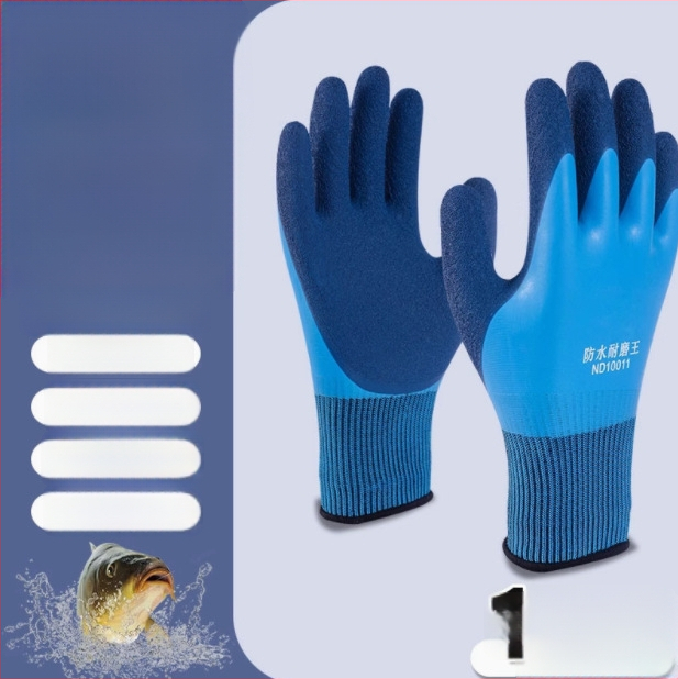 Jūros gėrybių tvarkymo pirštinės su natūralaus kaučiuko išore ir Kevlar pamušalu; atsparios vandeniui, žemoms temperatūroms ir išlaiko šilumą