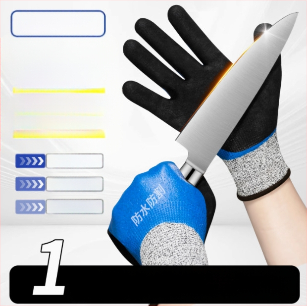 Jūros gėrybių tvarkymo pirštinės su natūralaus kaučiuko išore ir Kevlar pamušalu; atsparios vandeniui, žemoms temperatūroms ir išlaiko šilumą