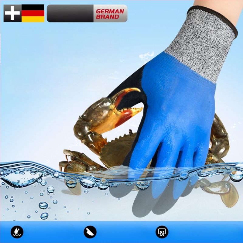 Jūros gėrybių tvarkymo pirštinės su natūralaus kaučiuko išore ir Kevlar pamušalu; atsparios vandeniui, žemoms temperatūroms ir išlaiko šilumą