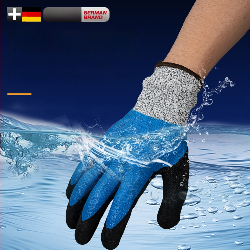 Jūros gėrybių tvarkymo pirštinės su natūralaus kaučiuko išore ir Kevlar pamušalu; atsparios vandeniui, žemoms temperatūroms ir išlaiko šilumą