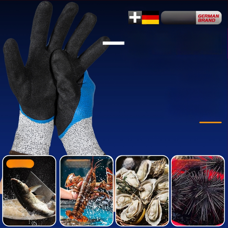 Jūros gėrybių tvarkymo pirštinės su natūralaus kaučiuko išore ir Kevlar pamušalu; atsparios vandeniui, žemoms temperatūroms ir išlaiko šilumą