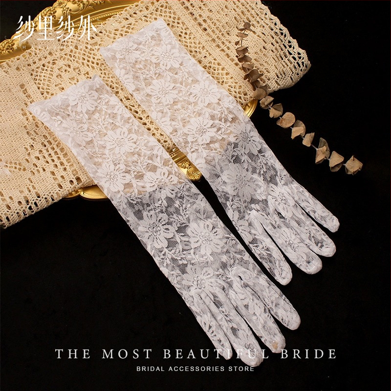 Ilgos tinklinės nuotakos pirštinės – originalus dizainas, moteriškas dekoratyvinis aksesuaras visoms sezonoms