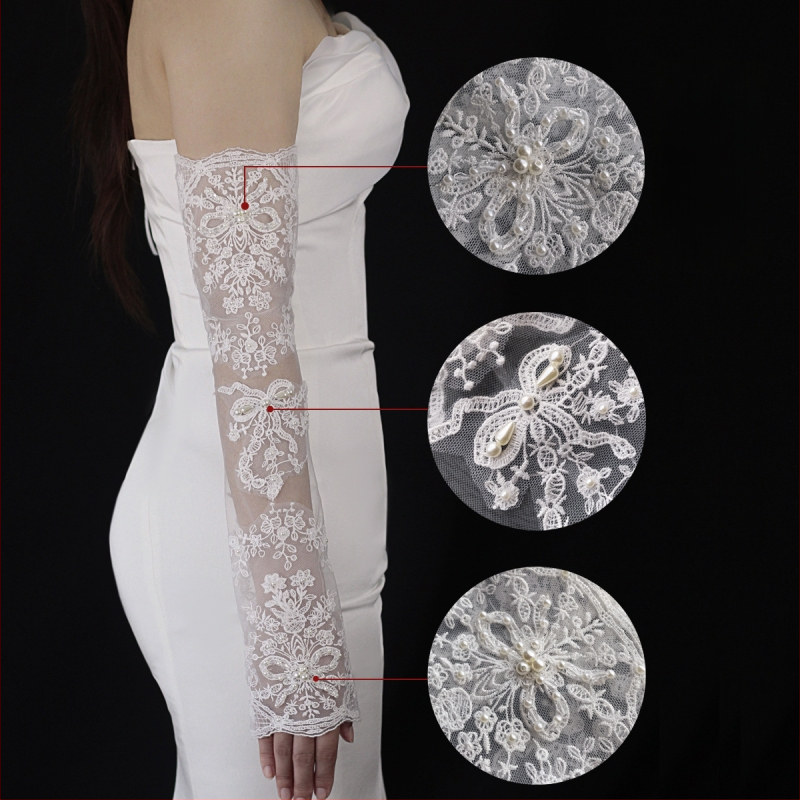 Vestuvinės pirštinės – rūmų stiliaus, siuvinėtos karoliukais ir nėriniu, be pirštų, poliesteris