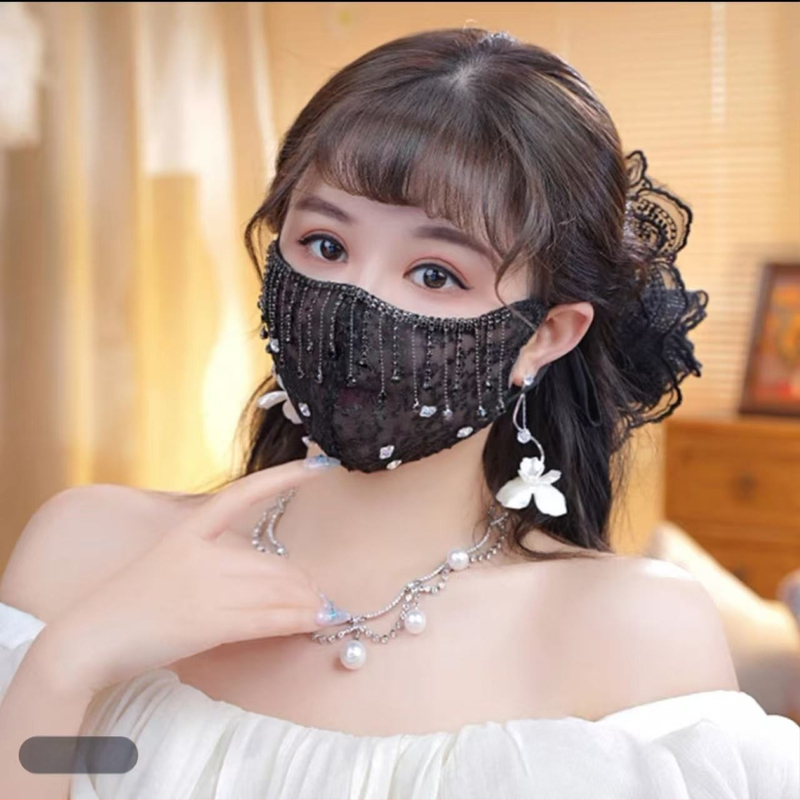 Nėrinių veido kaukė saulės apsaugai su siuvinėjimais, ausų laikiklis, vasaros naudojimui, taškinis raštas