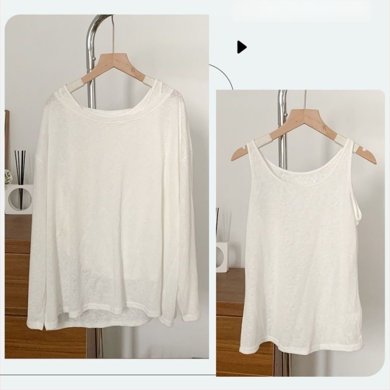 Dviejų dalių komplektas: be rankovių liemenė ir ilga rankovė marškinėliai moterims, poliesteris ≥95% + spandeksas, plonas audinys, UPF30+ saulės apsauga, tiesus kirpimas, vienos spalvos