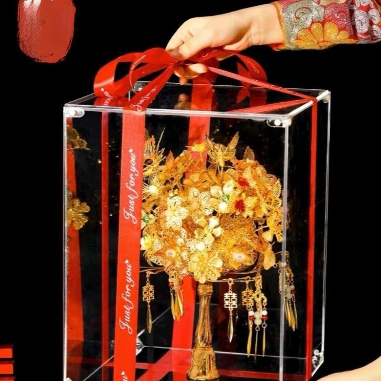 Akrilo dovanų dėžutė nuotakos puokštei ir vestuvinei rankinei — Etninis stilius, audimo technologija, rožinis kvarco kristalas, kilmė Zhejiang