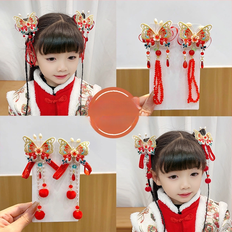 Vaikams skirta plaukų segtukų pora su išsiuvinėtu drugeliu, karoliukų kutais, plastmasinis plaukų aksesuaras etnine Hanfu stiliuje