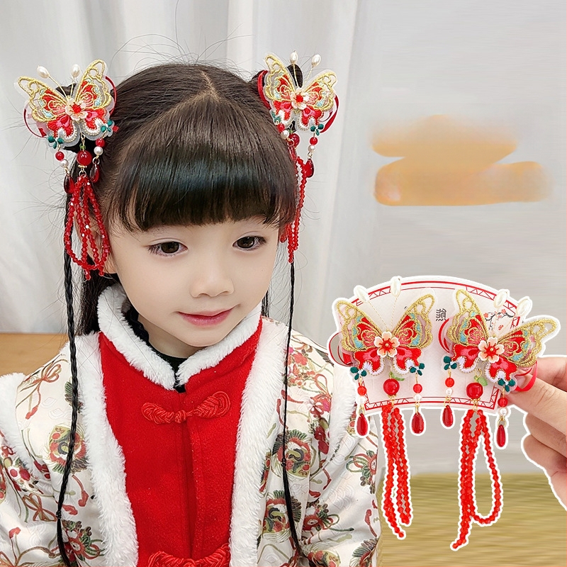 Vaikų plaukų segtukas su drugelio kutais ir siuvinėjimais, iš plastiko/rezinos, Hanfu etninio stiliaus, žiema 2024