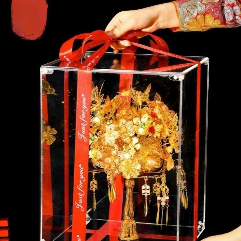 Akrilinė skaidri dovanų dėžutė nuotakos puokšnei, skaidri, pritaikoma, atskiras pakavimas, vestuvėms