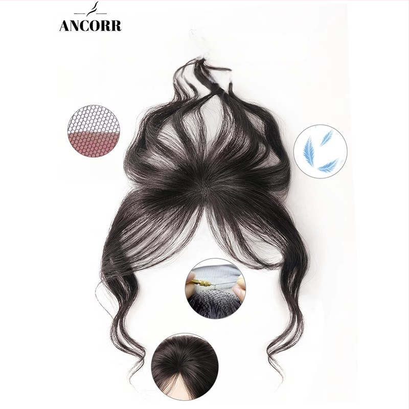 Ženski dodatak kosi za čelo i vrh, ručno izrađen, 100% ljudska kosa, može biti bojati i perm, frizura ravna ili nagnuta, nevidljiva lagana traka za liniju kose, učinak oblikovanja lica