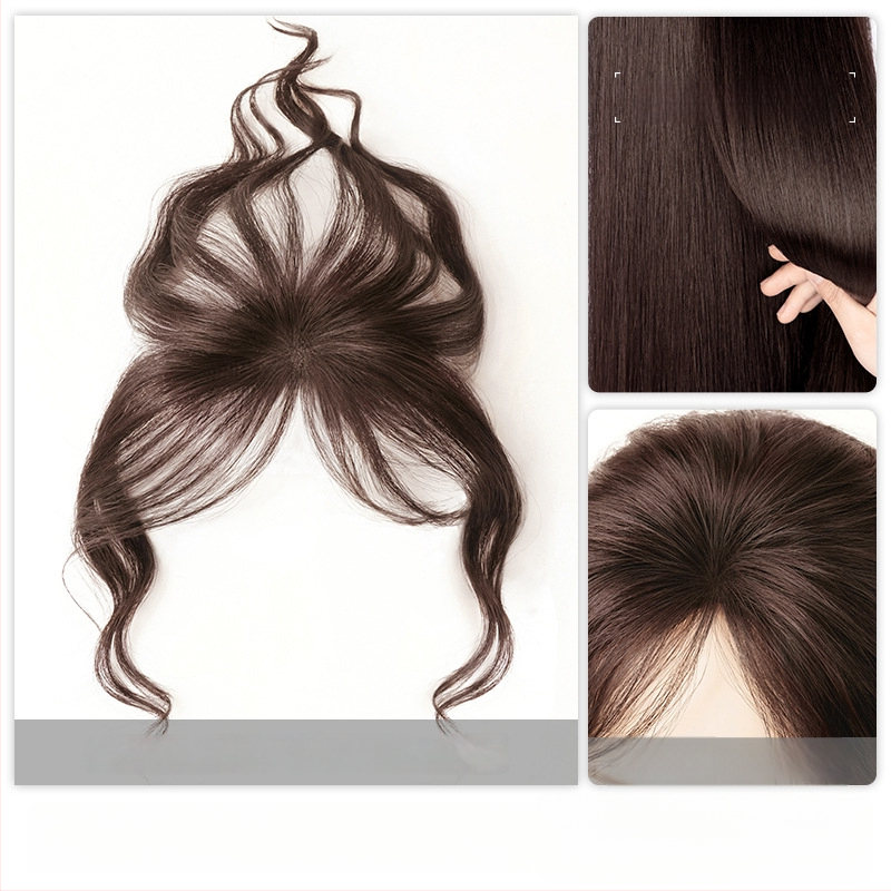 Ženski dodatak kosi za čelo i vrh, ručno izrađen, 100% ljudska kosa, može biti bojati i perm, frizura ravna ili nagnuta, nevidljiva lagana traka za liniju kose, učinak oblikovanja lica