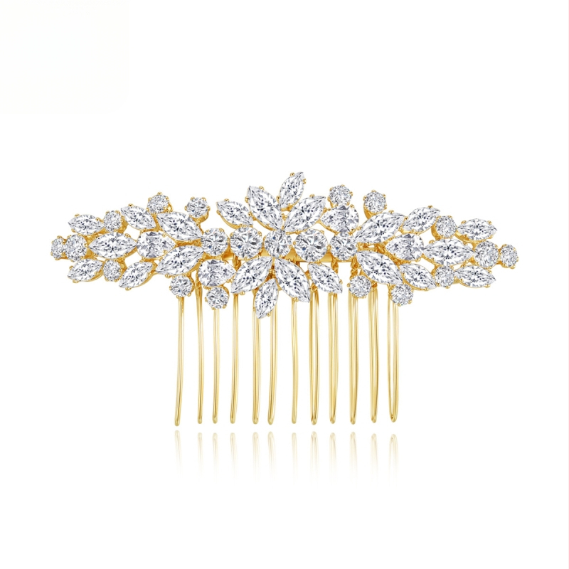 Europos stiliaus nuotakos plaukų šukė su cirkonų gėle, rankų darbo iš vario, elektroplatinėta