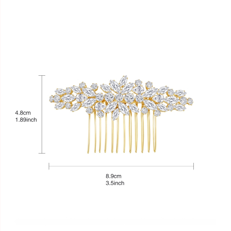 Europos stiliaus nuotakos plaukų šukė su cirkonų gėle, rankų darbo iš vario, elektroplatinėta