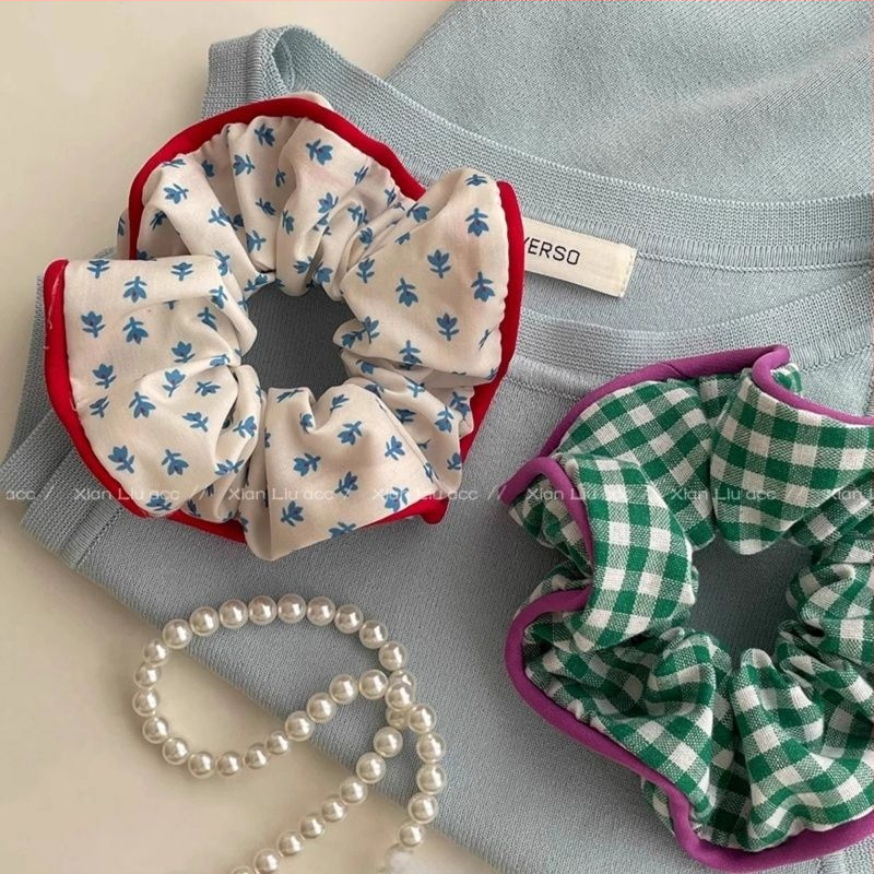 Plaukų uodegėlės gumelė su gėlių raštu, šviežias ir saldus stilius, rankų darbo, mišrios medžiagos, aukštas elastingumas, vasara 2025