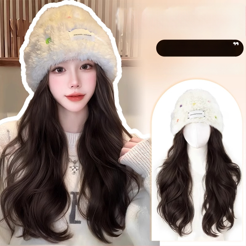 Moteriška kepurės-stiliaus parukė su ilgu garbanotu plauku, ilgas plaukai, atsparios karščiui pluoštai, pilnas galvos dengimas, vientisas dizainas