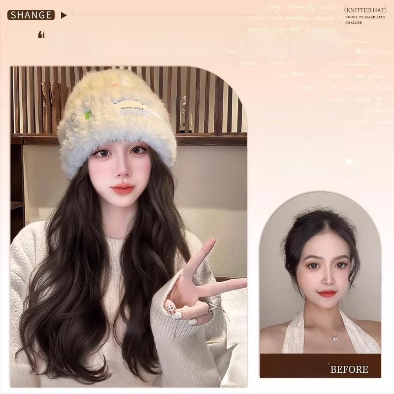 Moteriška kepurės-stiliaus parukė su ilgu garbanotu plauku, ilgas plaukai, atsparios karščiui pluoštai, pilnas galvos dengimas, vientisas dizainas