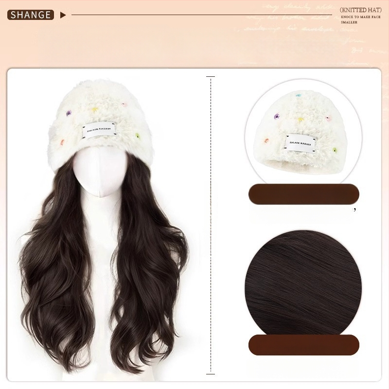 Moteriška kepurės-stiliaus parukė su ilgu garbanotu plauku, ilgas plaukai, atsparios karščiui pluoštai, pilnas galvos dengimas, vientisas dizainas