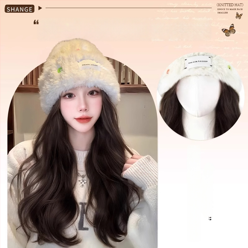 Moteriška kepurės-stiliaus parukė su ilgu garbanotu plauku, ilgas plaukai, atsparios karščiui pluoštai, pilnas galvos dengimas, vientisas dizainas