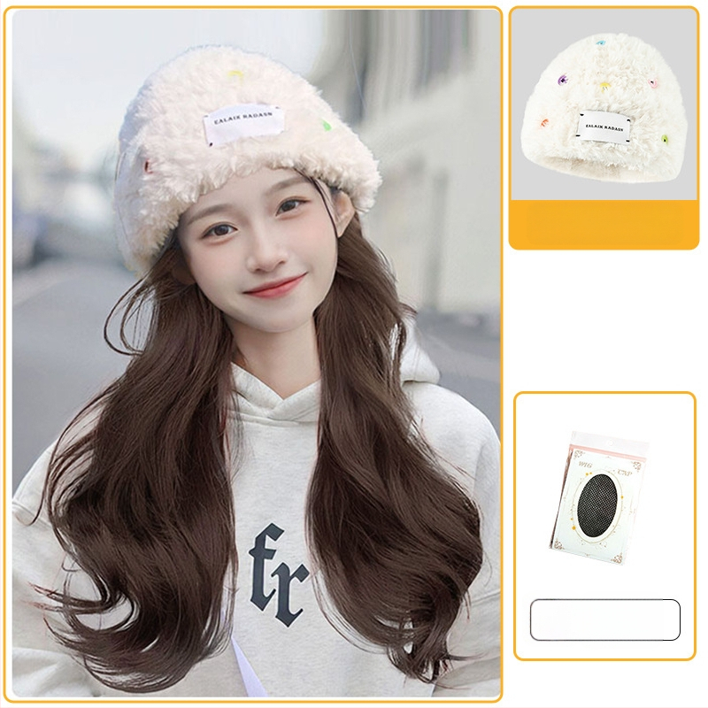 Moteriška kepurės-stiliaus parukė su ilgu garbanotu plauku, ilgas plaukai, atsparios karščiui pluoštai, pilnas galvos dengimas, vientisas dizainas