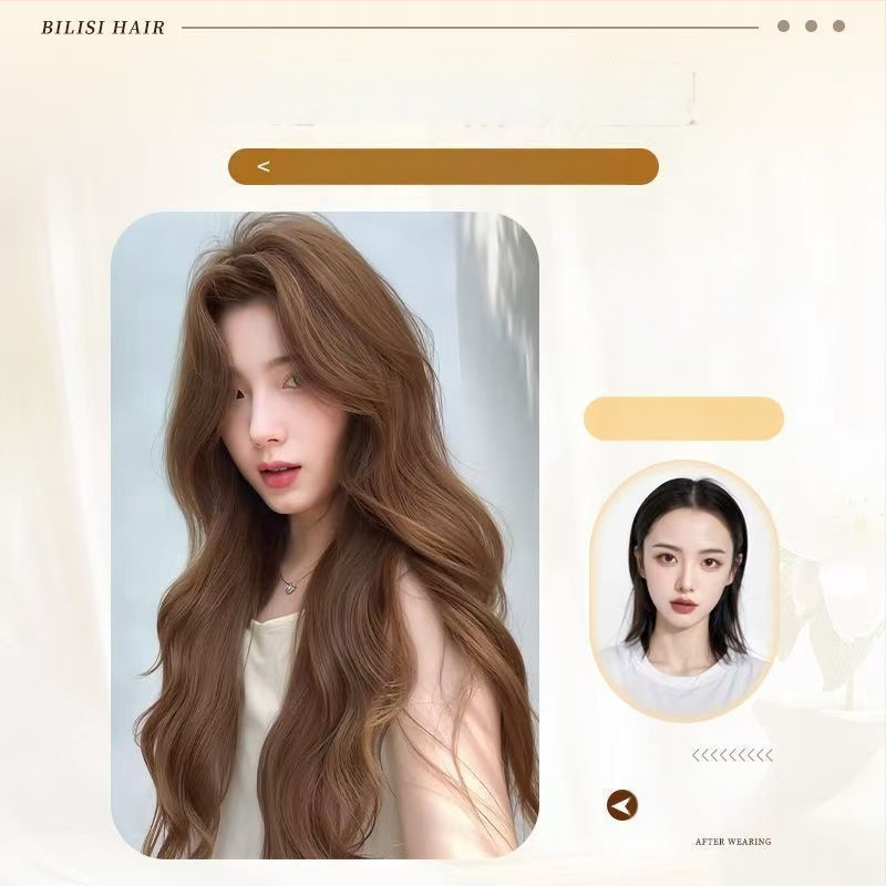 Sieviešu parūka – pilna galvas aizsega, garas viļņotas matas, proteīna zīda materiāls, dabisks stils, var nēsāt taisni vai ar priekšējiem matiem